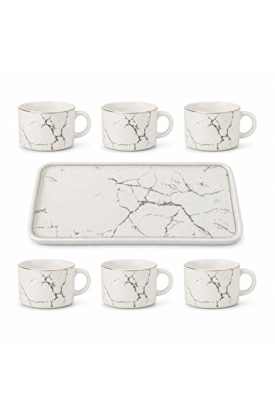 OEM Set cafea 6 cești cu 6 tăvițe suport, model marmură albă