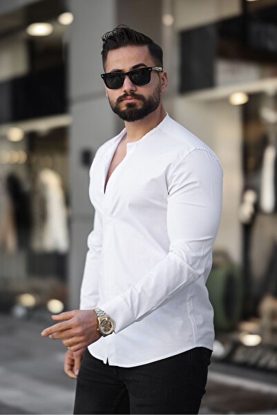 BAYIM Düz Hakim Yaka Slim Fit Uzun Kollu Erkek Gömlek
