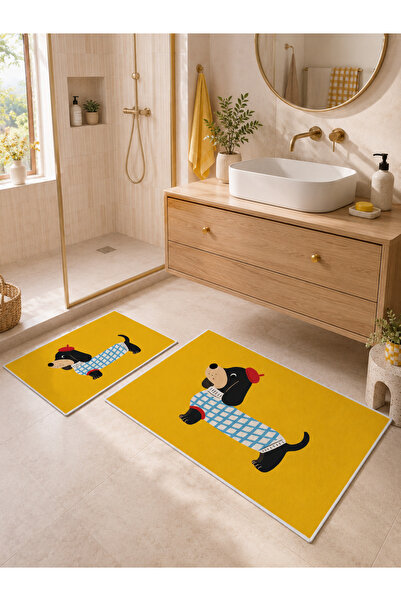Evmila Sarı Köpek Figürlü Kaymaz Taban Banyo Paspası 2’li Set Modern Çocuk Ba...