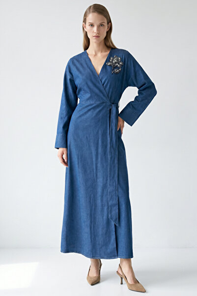 Exquise Double-Breasted Long Sleeve Belted Embroidered Regular Midi Dress