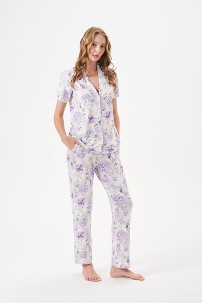 PJS طقم بيجامة نسائي بأكمام قصيرة ومرسوم عليه أزرار 29039