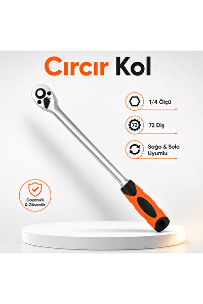 Badem10 Cırcır Kolu 1/4 273MM 72 Diş Profesyonel Lokma Anahtarı Uzun Tip El A...