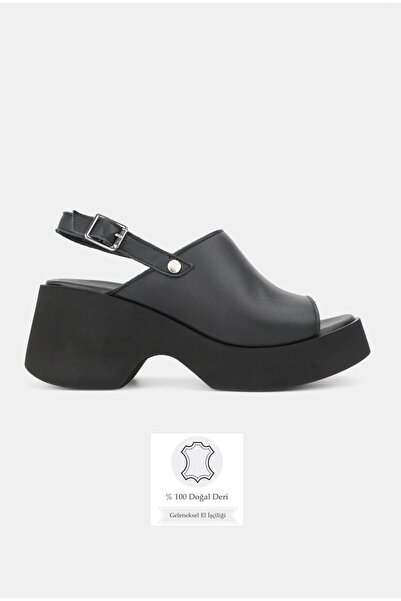 TUNAELLİ Women's Black Genuine Leather Buckle Platform Heel Daily Sandals