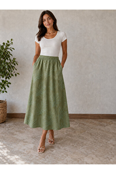 MIRENNA Women's Flock Print Pattern Detail Woven Linen Skirt Comfortable Casu...