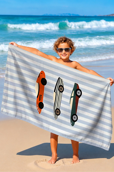 Evimde Bambaşka Car-Themed Striped Boys' Beach Towel - Modern Blue Quick-Dry ...