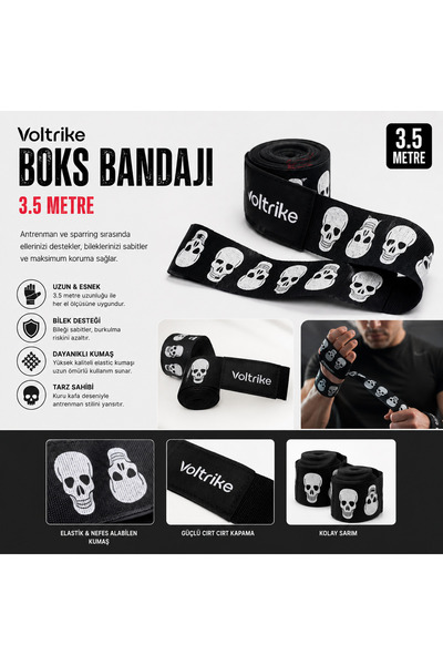 Voltrike Kuru Kafalı Boks-Kickbox-Muay Thai-Sanda El Bandajı Siyah 3.5 Metre