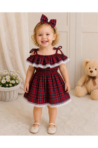 Moda Lina Baby Kız Çocuk Askı Bağlama Detaylı Dantelli Ekose Desen Elbise & B...