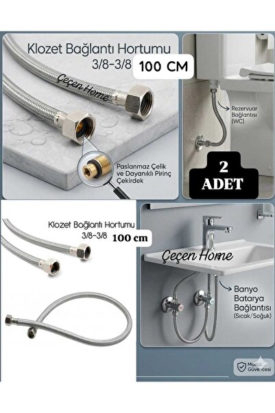 ÇEÇEN HOME (2 Adet) Klozet Taharet Musluğu Bağlantı Hortumu Flex 100 CM, 3/8 ...