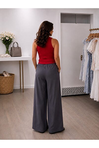MARE BUTİK Elastic Waist Wide Leg Linen Trousers - Anthracite