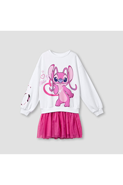 Disney Round Neck Long Sleeves Knee Length Sweat Dress with Angel Print