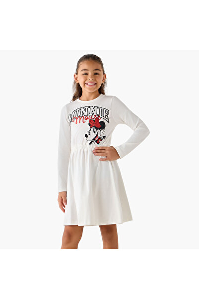 Disney Round Neck Long Sleeves Dress with Minnie Mouse Print