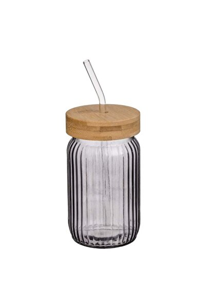OEM Pahar din Sticlă Smoky cu Capac Bambus și Pai, 450 ml
