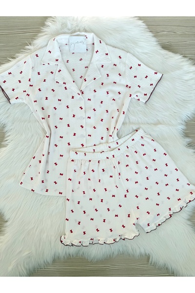 Pijamacs White Bowknot Patterned, Ruffle Detailed, Marine Fabric Shorts Pajam...