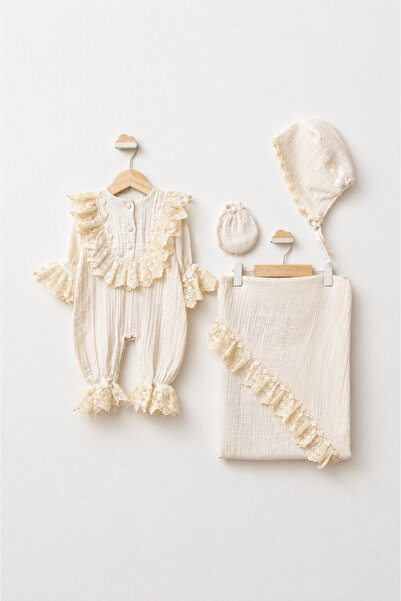 Pugi Baby Muslin Lace Detailed Baby Girl Jumpsuit Hat Blanket Set