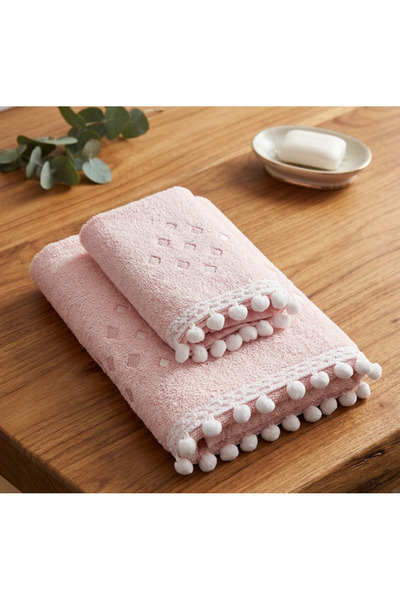 Arliva Home Pearl Embroidered Pompon 2-Piece Towel Set Powder 50X80 cm and 30...