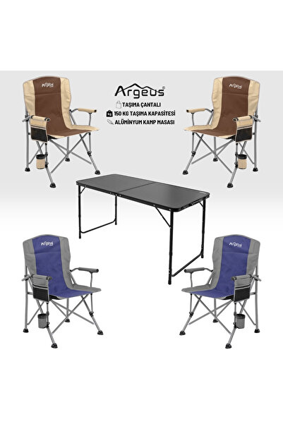 ARGEUS 4 Adet Katlanır Kamp Sandalyesi ve Alüminyum Masa Seti - Rustic - Elev...