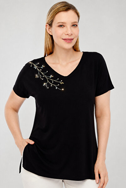 Curvy Trend Plus Size Stone Embellished Branch Printed V-Neck Short Sleeve Si...