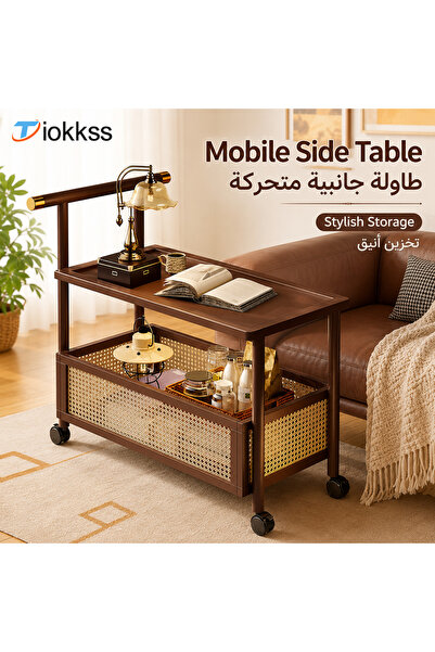 Tiokkss Walnut Brown Rolling Side Table with Wheels, 2-Tier Mobile Storage Ca...