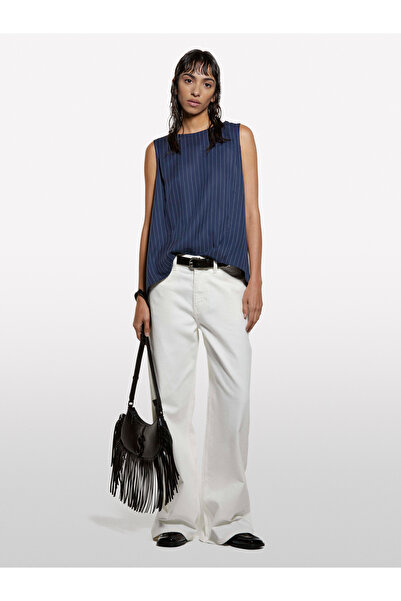 Sisley Women's Cream Cotton Blended Stone Washed Wide Fit Denim Trousers
