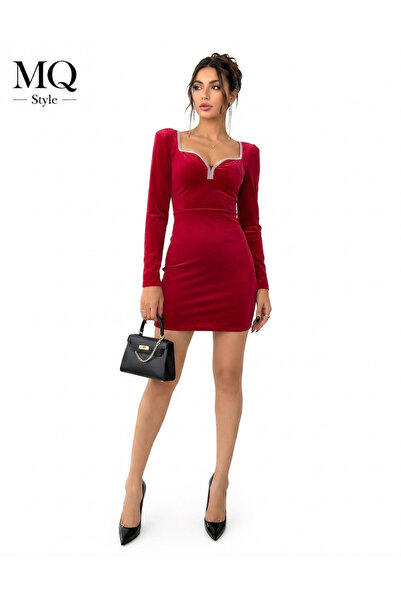 MQ Velvet (Cotton) Mini Dress with Crystals at Neckline from Turkish Collecti...