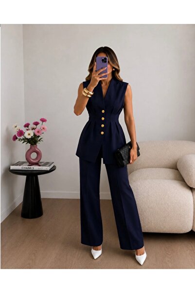 Ekim Store Gold Düğmeli Pileli Yelek Pantolon Blazer Takım