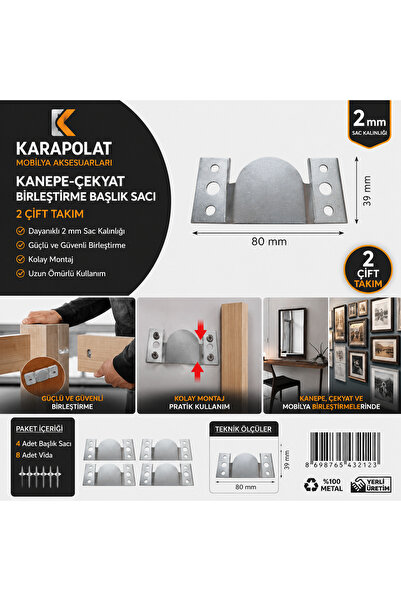 KARAPOLAT Metal Mobilya Birleştirme Aparatı 2 Çift Takım Baza Koltuk Kanepe Ç...