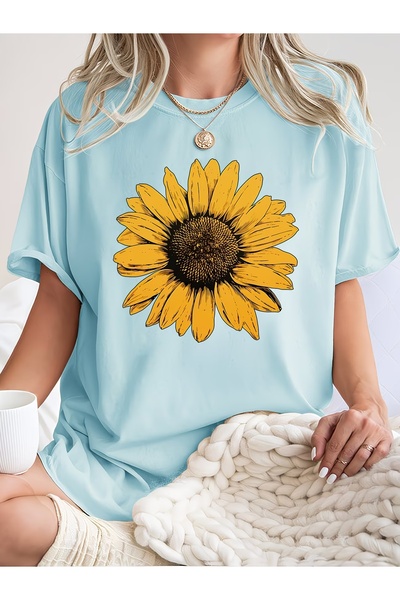 JENOLAN Tricou oversize cu imprimeu floarea-soarelui pentru femei, lejer
