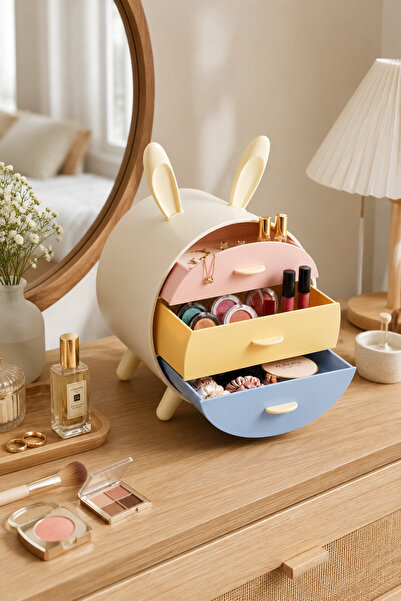 İndecor Houseware Tavşan Kulaklı Makyaj ve Takı Organizeri 3 Çekmeceli Masaüstü Kozmetik Düzenleyici Pastel Renkli Makyaj Organizeri