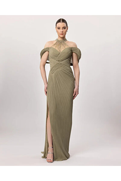 Kenzel 26108-Long Dress with Embroidered Front and Back Decals and Draped Design