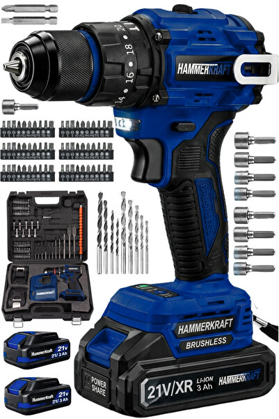 HAMMERKRAFT ÇİFT VİTES DARBELİ KÖMÜRSÜZ MOTOR 84 PAÇA UÇ SETLİ AKÜLÜ VİDALAMA...