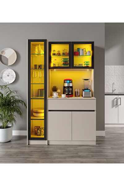 GuneyStore Lora Kum Beji Midi Sol Vitrinli Komple MDF LED Aydınlatmalı Kahve ...
