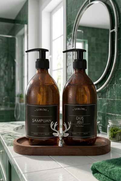 GO BLOBS Amber Bottle Soap Dispenser Glass Double Shampoo-Shower Gel Bathroom...