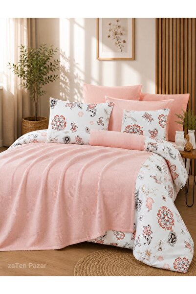 zaTen Pazar Powder Color Double 5-Piece Piqued Duvet Cover Set 100% Cotton Bo...