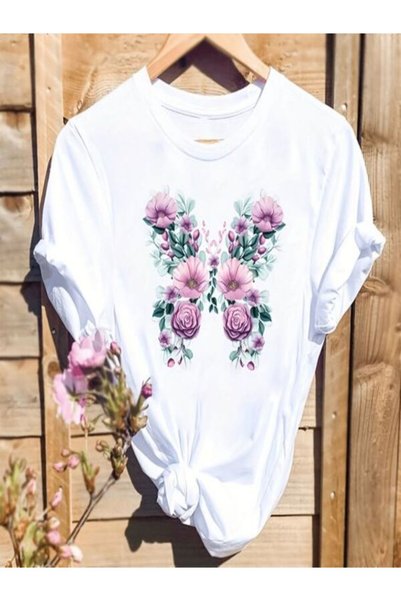 vorena Floral Patterned White Oversize T-Shirt