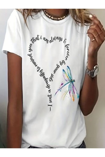 vorena White T-Shirt with Heart-Shaped Text and Colorful Dragonfly Print