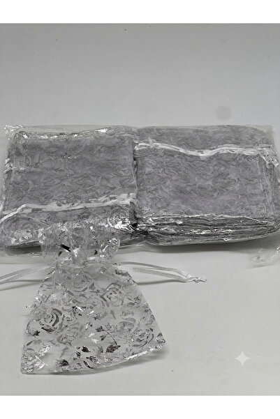 parıltı organizasyon Gümüş Gül Desenli Tül Kese 12x15 Cm Kese 10 Adet