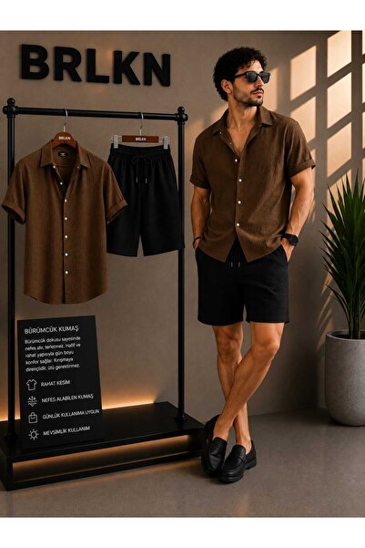 BRLKN Boyfriend Fit Waffle Fabric Alaçatı Style Unisex Wrinkled Short Sleeve ...