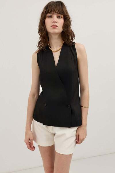 Antioch Black Linen Blend Double-Breasted Women's Vest