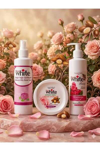 ROSE WHİTE DOĞAL GÜL MAYASI(200ML.)&ARGAN YAĞLI GÜL KREM VAZELİN(125ML.)&MASA...