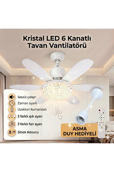 zinnuren Kristal LED Lambalı Ampul Tavan Vantilatörü 6 Kanatlı Uzaktan Kumand...