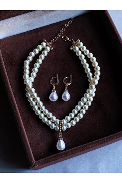 FAYRA ACCESSORIES Zirkon Taşlı Tasma Choker İnci Kolye ve İnci Küpe Seti Düğü...