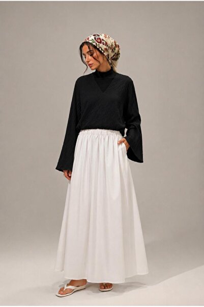 Kiremit White Elastic Waist Cotton Gabardine Flared Skirt