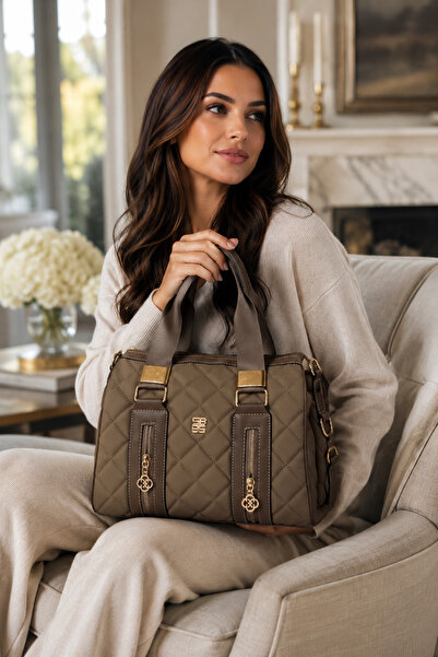 Moda Lime Dark Mink Quilted Patterned Women's Hand and Shoulder Bag with Long...
