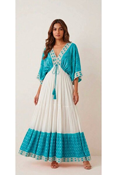 moda gk V-Neck Ethnic Patterned Imported Maxi Dress