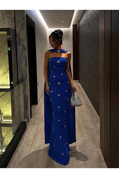 Modafeminen Saks Strap Detailed Stoned Glittering Long Evening Dress 583417