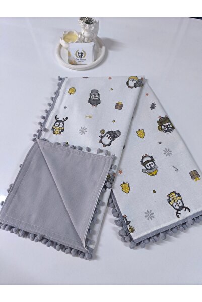 Çift Taraflı Penguen desenli %100 Pamuk Ponponlu Pazen Bebek Battaniyesi 100x100 Cm