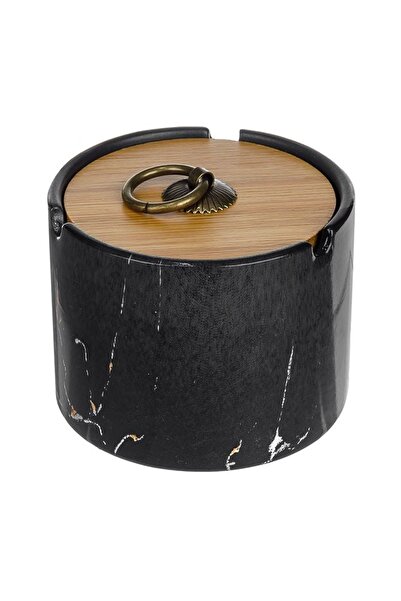 OEM Scrumieră ceramică neagră marble cu capac bambus Ø10x7 cm, stil premium p...