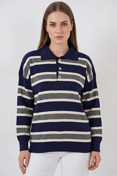 Generic Brand Women's Polo Collar Striped Knitwear Navy Blue Sweater