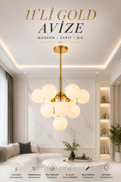 Elvora Home Modern (PREMİUM) 11'li Gold Opal Küre Avize Modern Sarkıt Avize S...