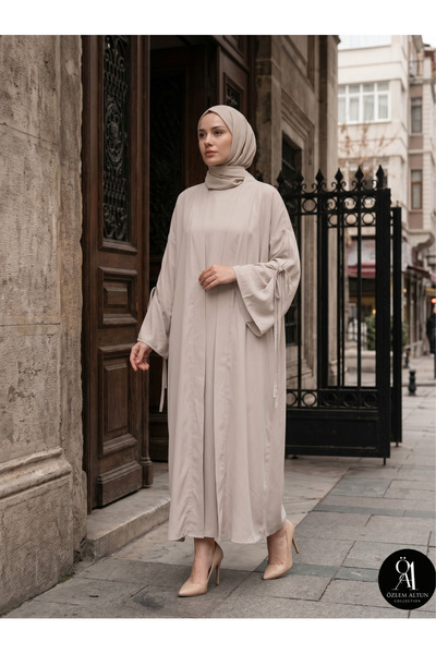 Markasız ucuz Medine İpeği Kol Bağcığı Detaylı Bej Elbiseli Kimono Set